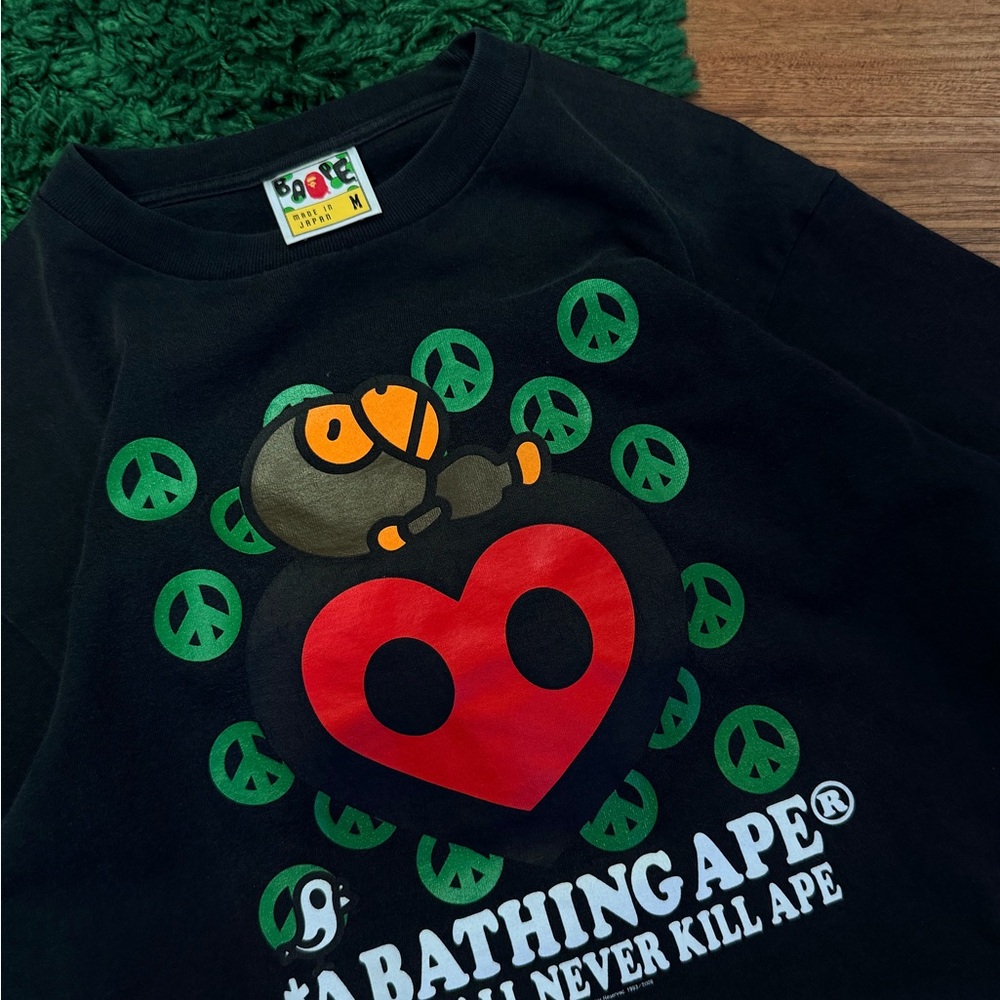 Bape Black Tee with Red Heart and Green Peace Signs - Picture 2 of 2